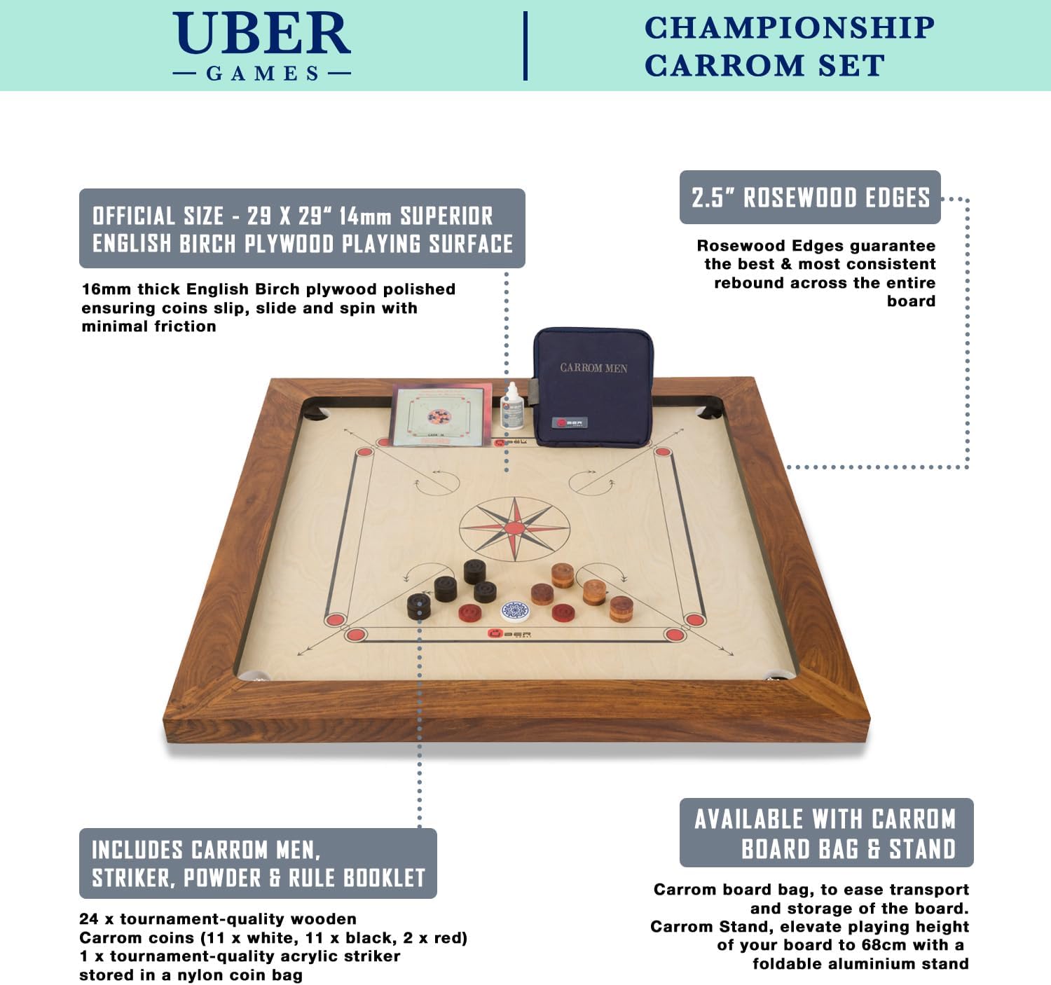 Uber Games Championship Carrom Board with Stand and Mozambique | Ubuy
